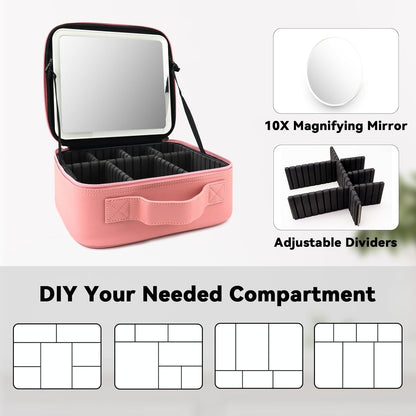 Travel Makeup Bag with LED Mirror and 10x magnifying glass with 3 Lighted Settings, Adjustable Dividers and Makeup Brush Storage Bag Pink