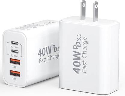 USB C Fast Charger Block, iPhone Charger Fast Charging Blocks 40W Multi Port Charger 4-Ports PD & QC Charging Cube Brick Power Adapter Type C Wall Chargers for iPhone 17/16/15/14/13/12 Pro Max, iPad