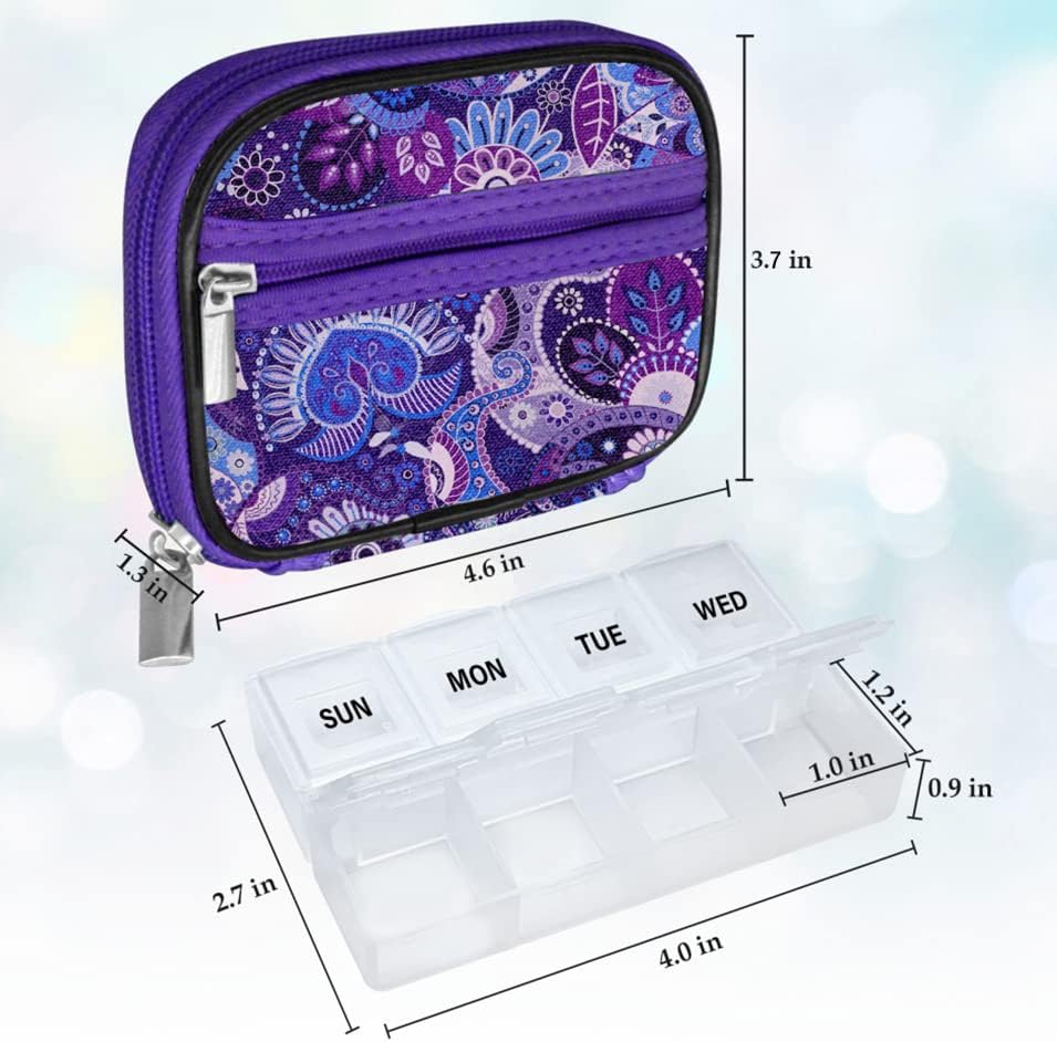 Serfeymi Weekly Travel Pill Organizer Pill Case for Purse with Removable 7 Day Pill Box, Fashionable Travel Medicine Organizer Pill Container for Medicine, Vitamin, Supplement - Bloom 01 + Purple 01