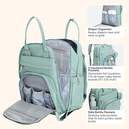 BabbleRoo Diaper Bag Backpack - Baby Essentials Travel Bag - Multi Function Water Resistant Diaper Bag, Travel Essentials Baby Bag with Changing Pad, Stroller Straps & Pacifier Case – Sage Green