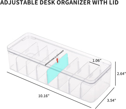 Yesesion 2pcs Clear Plastic Cable Organizer Boxes with Adjustment Compartments, Desk Accessories Storage Case with Lid and 20 Wire Ties for Drawer, Office Supply, Electronic Management