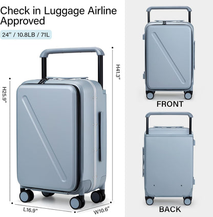 MILADA Wide Handle Luggage with Front Pocket Hardshell Aluminium Check In Suitcase with Wheels Medium 24 Inch Front Opening Checked Luggage with Spinner Wheels TSA Lock Airline Approved Luggage, Grey