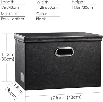 PRANDOM Large Collapsible Storage Bin with Lid [1-Pack] Leather Fabric Foldable Storage Box Organizer Containes Basket Cube with Cover for Home Bedroom Closet Office Nursery Black (17.7x11.8x11.8)