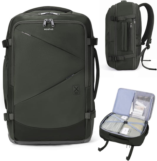 ECOHUB 30L Carry on Travel Backpack for Men Women 18x14x8, 17 inch Expandable Airlines Personal Item Bag Water Resistant Laptop Backpack Flight Approved with USB Slot & Wet Pocket, Green