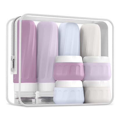 Travel Bottles for Toiletries 8 Pack, Travel Size Toiletries, Tsa Approved Travel Size Containers 3oz, with Travel Essentials Clear Bag, Leak Proof Silicone Squeezable Creams Jars
