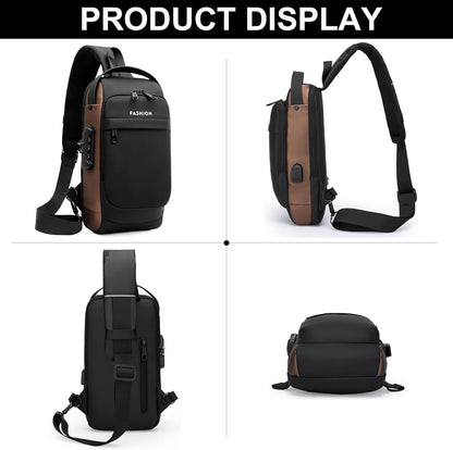 Sling Bag for Men Anti-theft USB Crossbody Shoulder Backpack Purse Waterproof PU Leather Chest Bag Travel Daily Use