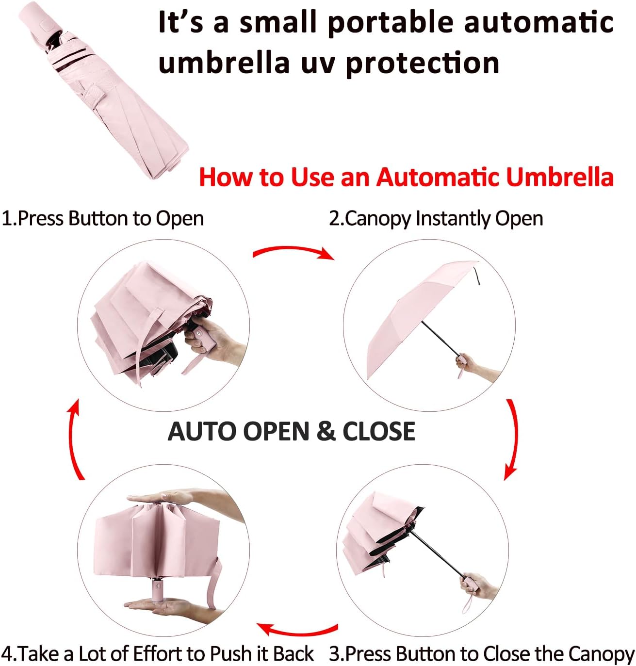 BAODINI Small UV Protection Travel Umbrella Compact for Rain and Sun UPF 50+ 41 inch Portable Umbrella for Women and Men