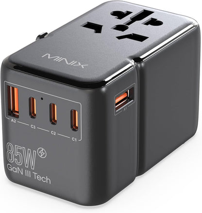 MINIX 85W Universal Travel Adapter, GaN III International Power Adapter, 3 USB-C 2 USB-A Ports, AC Outlet, Worldwide US/UK/EU/AU Travel Charger for Laptops Tablets Phones and More