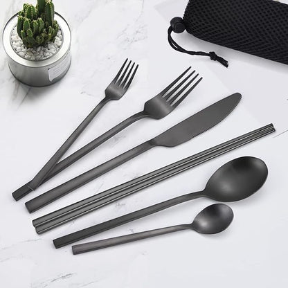 AARAINBOW 6 Pieces Stainless Steel Flatware Set Portable Reusable Cutlery Set Travel Utensils Set Including Chopsticks Knife Fork Spoon Straws Cleaning Brush Dishwasher Safe (B-Black)