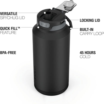 ZULU Powerfill Pro 64oz Half Gallon Stainless Steel Water Bottle with Quick Fill Lid, Triple Walled Vacuum Insulated Metal, Leak Proof Locking Lid, Sip and Chug, Reusable BPA Free, Black Monochrome