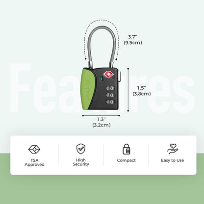 pack all TSA Approved Cable Luggage Locks, 3 Digit Combination Padlocks, Travel Lock for Suitcases & Bag, Alloy Body, Travel Accessories (4 Pack)（Apple Green）