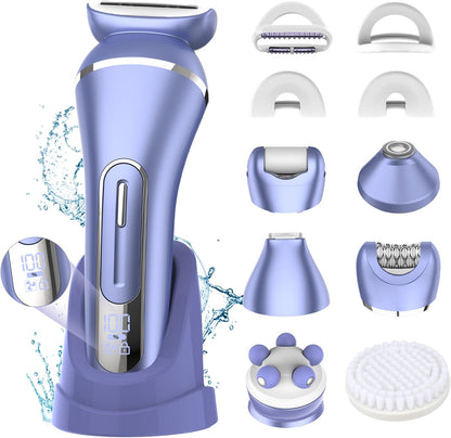 Electric Shavers for Women, 7 in 1 Hair Removal Kit with Epilator Bikini Trimmer Face Razor Body Brush Face Massager Foot Callus Remover, IPX7 Waterproof Lady Razors Set for Legs Armpit Bikini Pubic