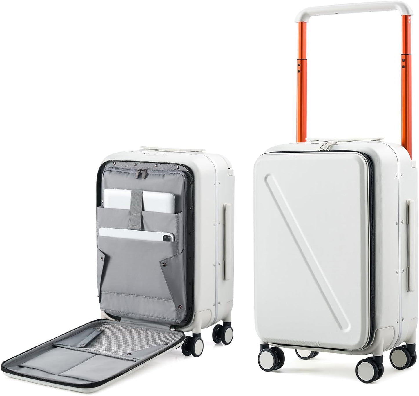 MILADA Wide Handle Carry On Luggage with Front Pocket Hardshell 20 Inch Front Opening Luggage with Spinner Wheels TSA Lock Aluminium Suitcase Airline Approved Carry-On Travel Luggage, White