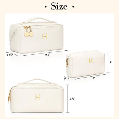 Birthday Gifts for Women Teen Girl, Personalized Initial Makeup Organizer Bag Set, Open Flat Travel Cosmetic Bag With Clear Divider and Handle(Beige,H)