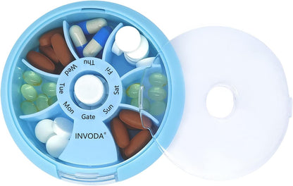 INVODA Weekly Pill Organizer 7 Compartment Rotating Pill Box for Daily Medication & Vitamins - Portable Travel Pill Case Fish Oil Supplements Vitamins Organizer (Green+Sky Blue+Orange)