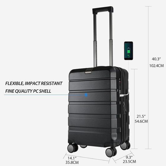 KROSER Hardside Expandable Carry On Luggage with Spinner Wheels & Built-in TSA Lock, Durable Suitcase Rolling Luggage with USB Port, Carry-On 20-Inch, Black
