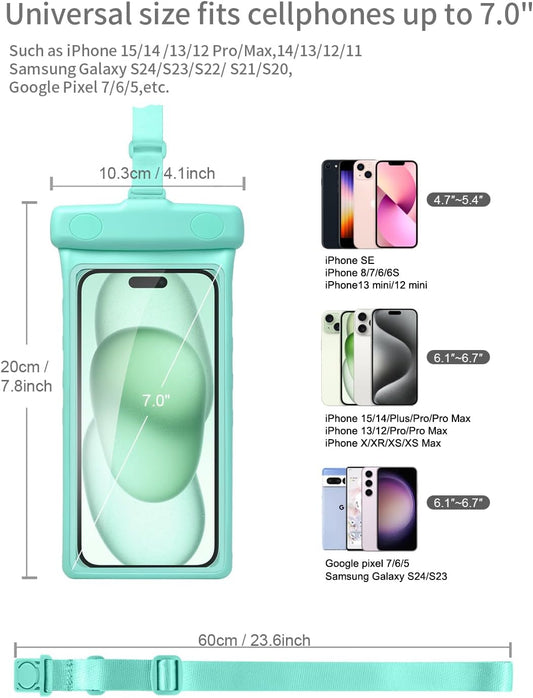 wellhouse Waterproof Phone Pouch, Waterproof Phone Case for iPhone 16 15 14 13 12 Pro Max XS Samsung, IPX8 3D Cellphone Dry Bag Beach Essentials (2 Pack -Earl Blue & Green 7.0", 7 inch)