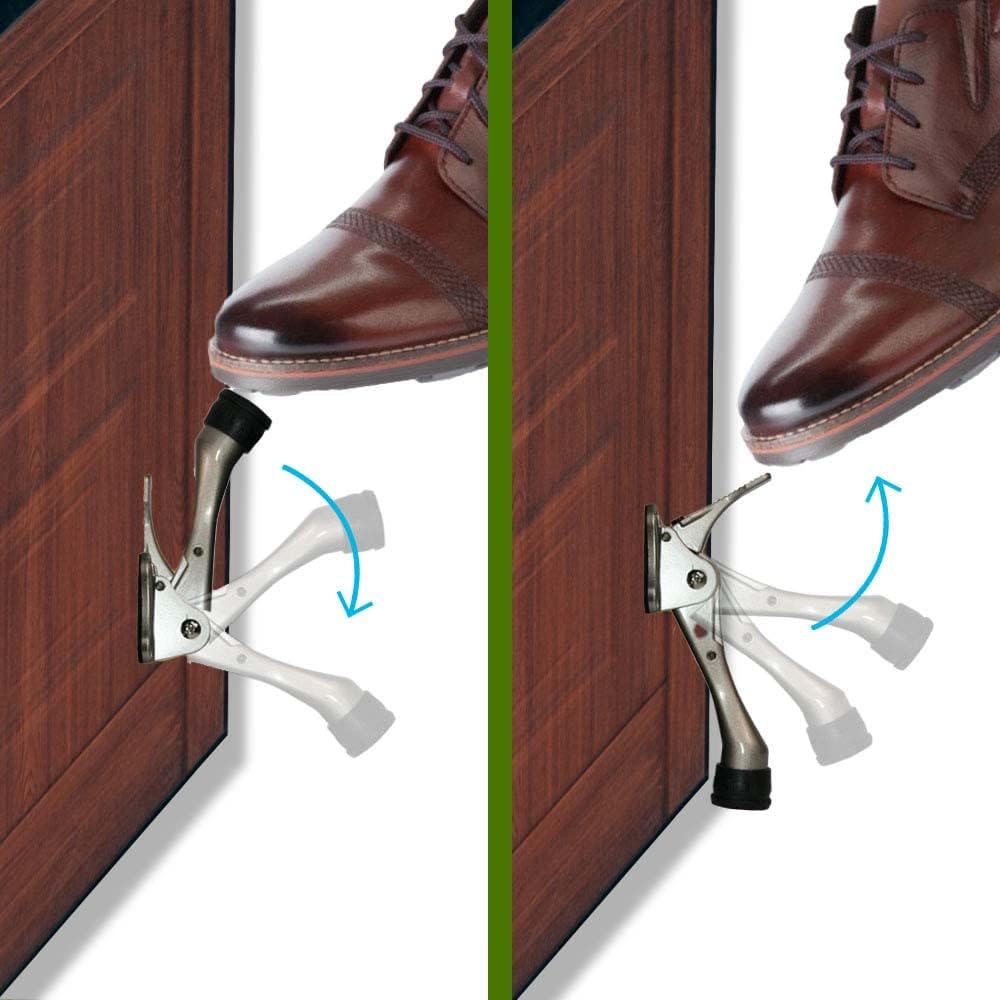 One Touch Kickdown Door Stopper, Door Holder, Heavy Duty Door Stops, Bottom of Door, Height-Adjustable Rubber Tips by HASHI (Chrome 4 inch x 2pack)