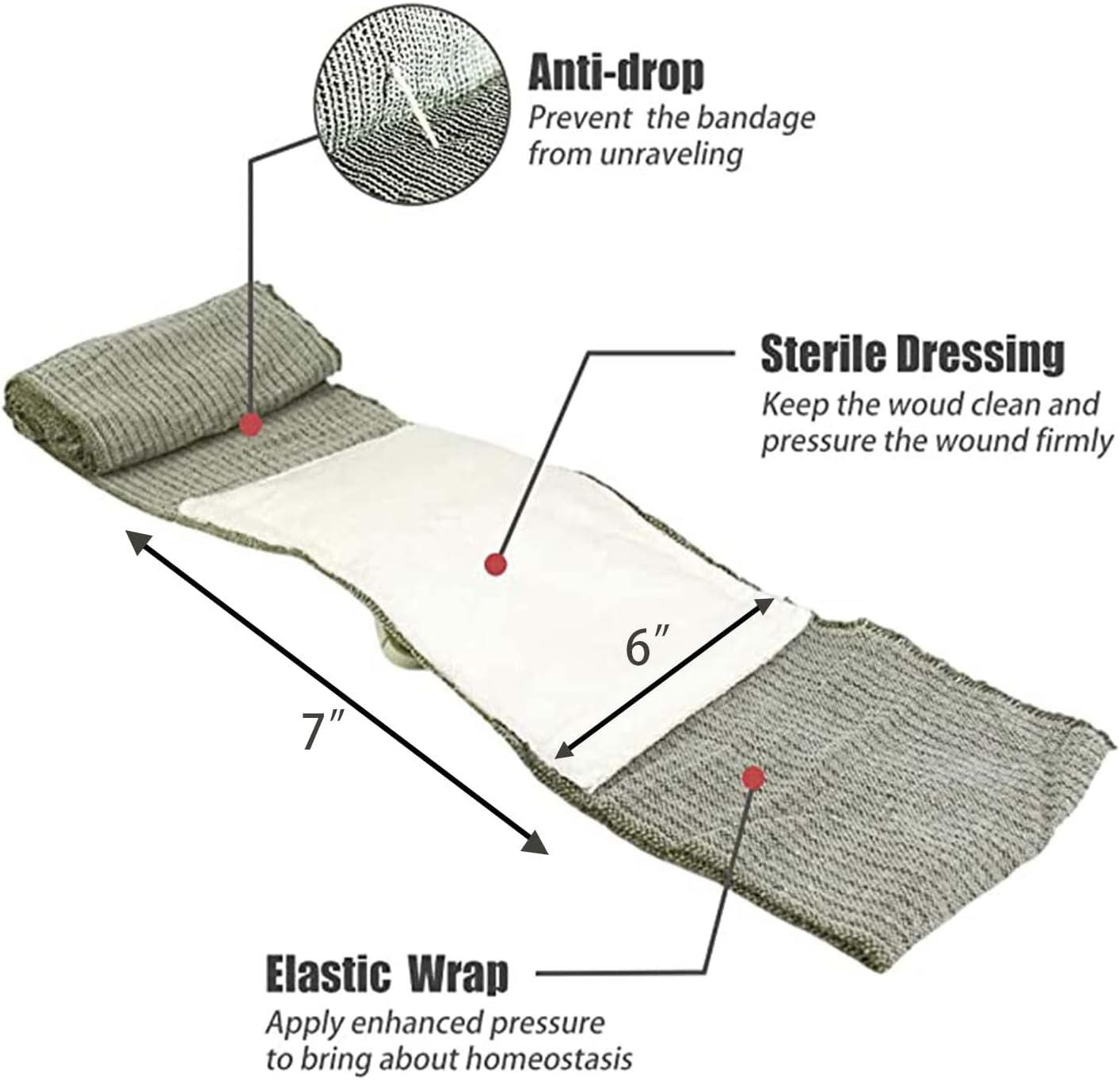 RHINO RESCUE 6" Israeli Style Emergency Bandage, Compression Trauma Wound Dressing, Medical Sterile Vacuum Sealed, Combat Tactical First Aid Kit IFAK Supplies, 5 Count