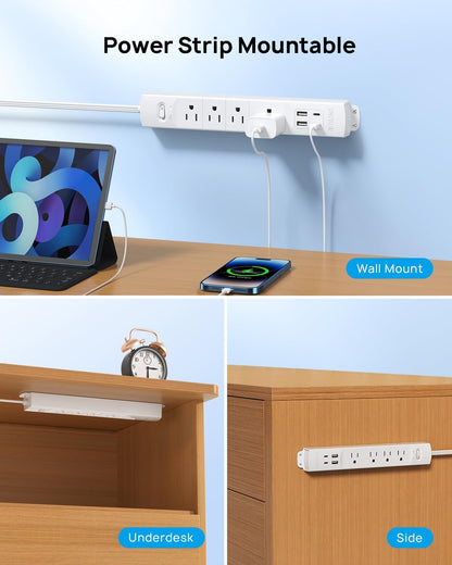 TROND Flat Plug Power Strip USB-10ft Flat Extension Cord Surge Protector Wall Mount, 2 USB C & 2 USB A Ports with Multiple Outlets, 1440J, 1625W for Office Supplies Dorm Room Essentials, White