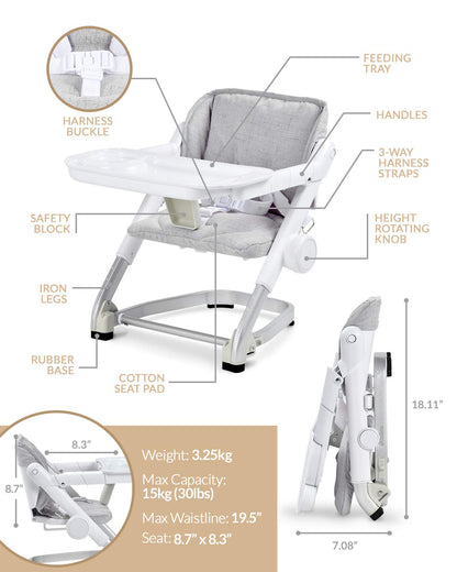 Feed Me 3-in-1 Travel High Chair Booster Seat for Infants and Toddlers - Transitional, Compact & Fits Any Chair, Swivel Tray, Shadow Gray