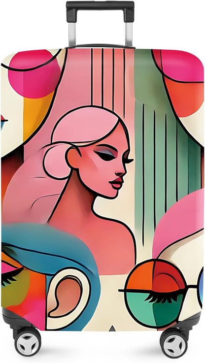 ANNA QUEEN Modern Art Fashion Luggage Cover, Stylish Abstract Woman Suitcase Protector, Washable, Stretchable Travel Sleeve for 32-34 Inch Luggage, Trendy, Colorful Design