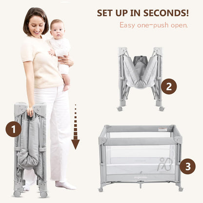 ANGELBLISS Baby Bassinet Bedside Crib, Pack and Play with Mattress, Diaper Changer, One-Push Setup Playards from Infants to Toddlers (Grey)