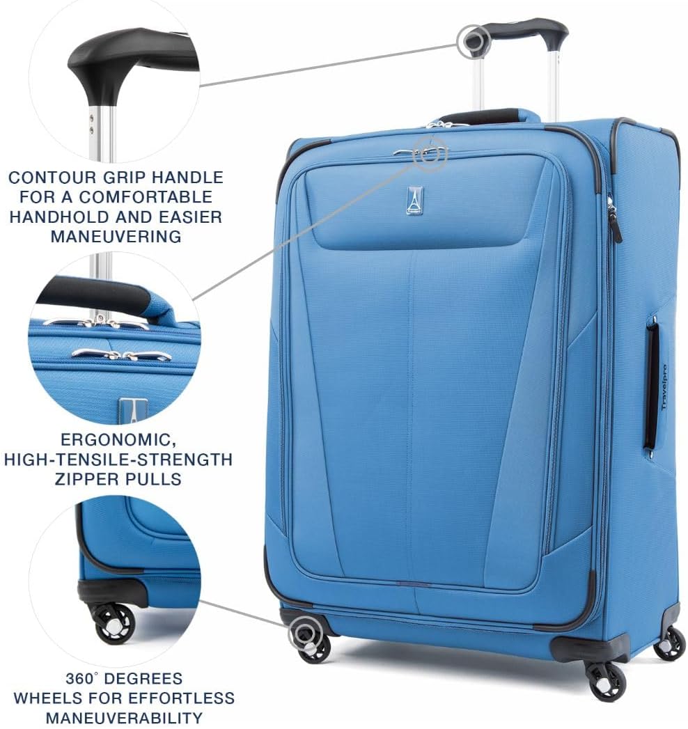 Travelpro Maxlite 5 Softside Expandable Checked Luggage with 4 Spinner Wheels, Lightweight Suitcase, Men and Women, Azure Blue, Checked Large 29-Inch