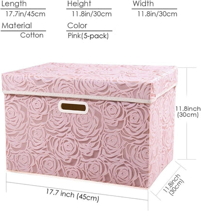 PRANDOM Large Foldable Storage Boxes with Lids [5-Pack] Fabric Decorative Storage Bin Cubes Organizer Containers Baskets with Cover Handles for Bedroom Closet Nursery Pink 17.7x11.8x11.8 Inch