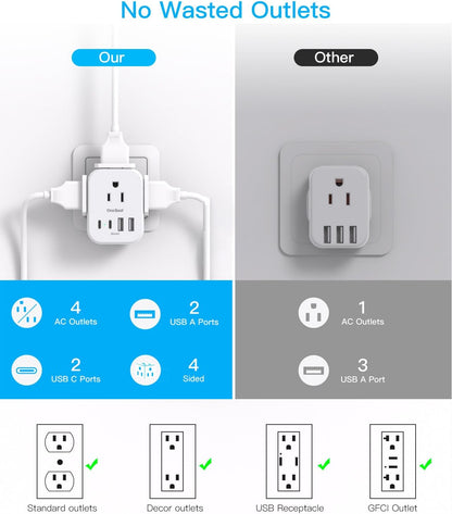 Travel Cruise Ship Essentials, Travel Plug Adapter with 4 Outlets 4 USB (4 USB-C), Cruise Approved Power Strip Non Surge Protector, Multi Plug Wall Outlet Extender, Travel Cruise Must Have Accessories