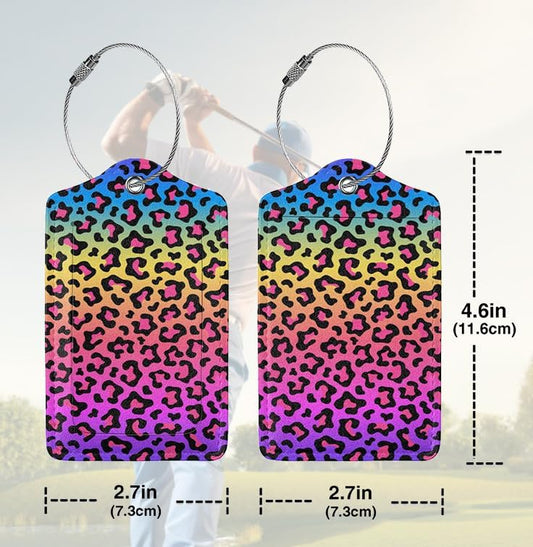 Rainbow Leopard Print 2 Pack Luggage Tags for suitcases Cute Color Leopard Luggage Tag, Leather Stainless Steel Loop Label Tag for Men Women Travel Bag Suitcase（Leopard）