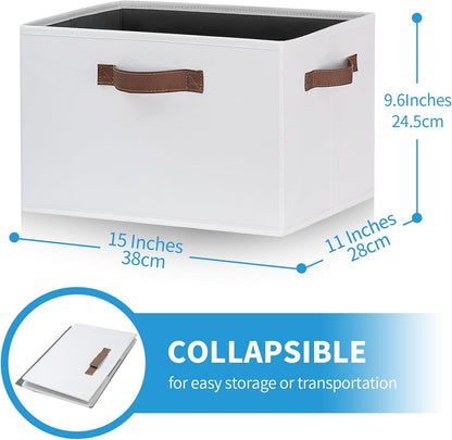 GhvyenntteS Large Fabric Storage Bins with 3 Handles, 15x11x9.6 Inch Storage Baskets for Shelves, Foldable Closet Storage Bins for Shelves, Closet Organizers and Storage Boxes, White