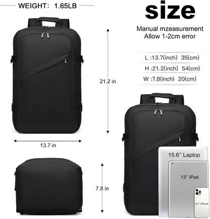 Kono Carry on Backpack, 22" Airplane Approved Travel Backpack for Men and Women, Waterproof Lightweight Daypack for Flight 40L (Black, Large)