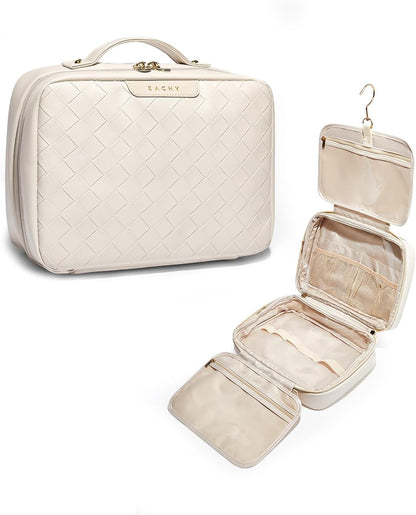 EACHY Travel Toiletry Bag with Hanging Hook, Portable Makeup Cosmetic Bags for Women, Water-Resistant Full-Size Travel Accessories (Plait White)