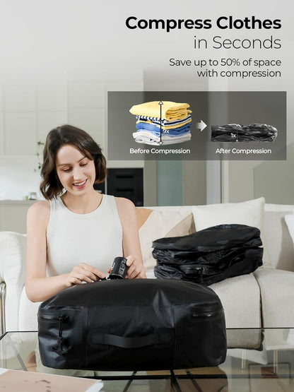 Vacuum Bags for Travel with Wireless Pump, 180° Open Zipper, IP67 Waterproof, Reusable Space Saver Compression Bags for Backpack, Suitcase, Home Storage(3 Pack + Pump)