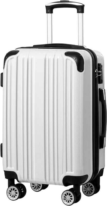 Coolife Luggage Expandable(only 28") Suitcase PC+ABS Spinner 20in 24in 28in Carry on (white grid new, M(24in))