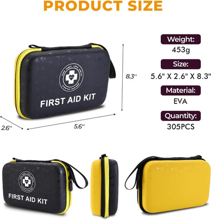 Premium First Aid Kit - 305 Piece Dual-Color Emergency Kit with Hard Shell & Fluorescent Interior Coating, Compact Survival Kit for Home, Car, Travel, Hiking & Outdoor (Black/Yellow)