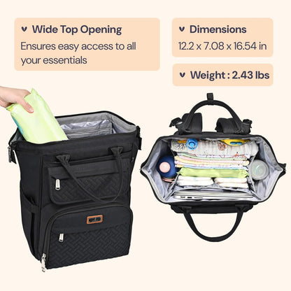 BabbleRoo Diaper Bag Backpack, Multifunction Nappy Changing Bag with Changing Pad, Stroller Straps & Pacifier Case, Unisex Stylish Travel Back Pack for Moms & Dads - Black
