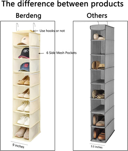 Hanging Shoe Organizer for Closet with Side Mesh Pockets，Hat Racks for Baseball Caps，Shoe and Hat Holder & Storage，8-Shelf，Beige，2 Pack