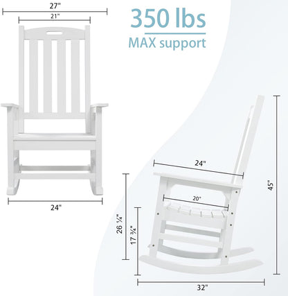 Psilvam Oversized Outdoor Rocking Chair, with 21" Wide Seat and 32" Tall Backrest, Pre-Assembled with Most Components for Effortless Installation (White)