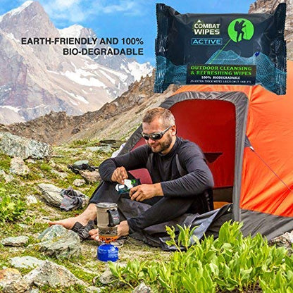 Combat Wipes ACTIVE Outdoor Wet Wipes - Extra Thick Camping Gear, Biodegradable, Body & Hand Cleansing/Refreshing Cloths for Backpacking & Gym w/Natural Aloe & Vitamin E(4 packs, 25 wipes each)