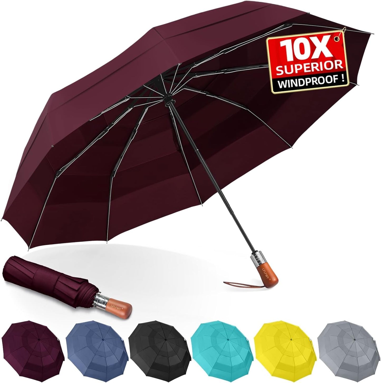 3T Wind Armor Travel Umbrella Compact Easy Auto Open Close Folding Umbrellas for Rain Windproof Umbrella for Women and Men Durable Real Wood Handle Portable Fits Backpack Car