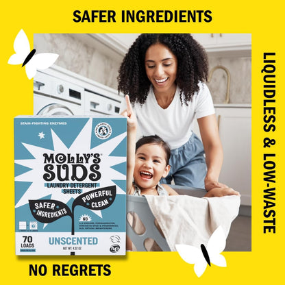 Molly’s Suds Laundry Detergent Sheets | Gentle on Sensitive Skin, Powerful Bio-Based Enzymes, Stain-Fighting | Liquidless & Plastic-Free Packaging | 120 Loads (Unscented)