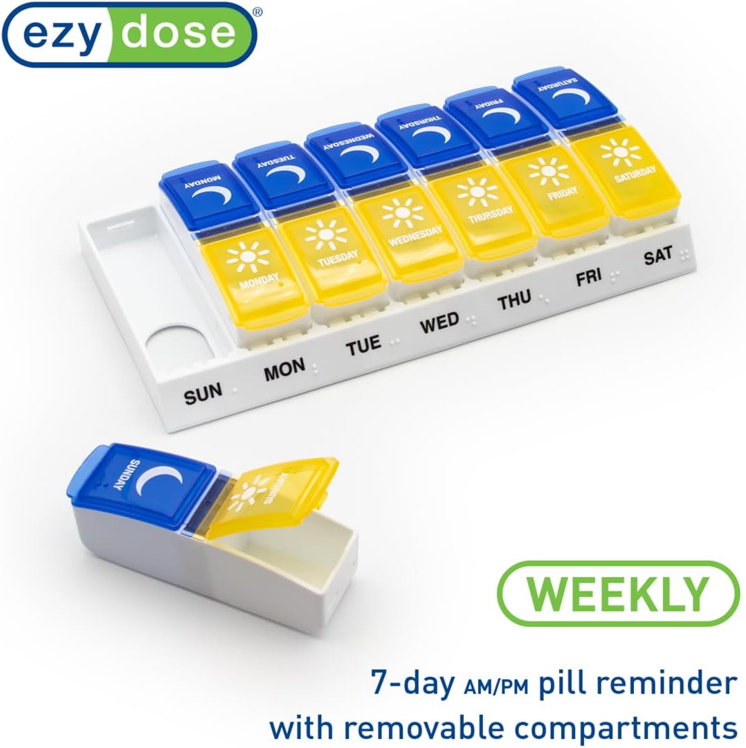 EZY DOSE Weekly (7-Day) AM/PM Pill Organizer, Daily Vitamin Container and Medicine Box, Large Pop-Out Compartments, Designed for Travel, 2 Times a Day, Blue and Yellow Lids