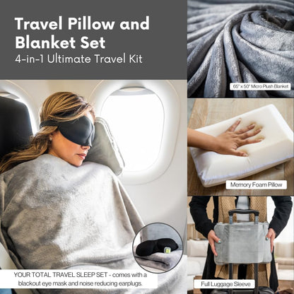 Travel Pillow and Blanket Set - 4-in-1 Ultimate Travel Kit with Memory Foam Pillow, Travel Blanket, Sleep Mask, and Earplugs-Ultimate Comfort and Coziness for Your Journeys - Pink