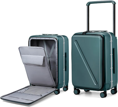 MILADA Wide Handle Luggage with Front Pocket Hardshell Aluminium Check In Suitcase with Wheels Medium 24 Inch Front Opening Checked Luggage with Spinner Wheels TSA Approved Luggage, Blackish Green