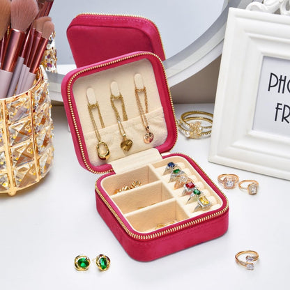 Travel Jewelry Case, Small Plush Velvet Jewelry Box for Women and Girls, Portable Jewelry holder organizer for Rings Earrings Necklaces Bracelets(Magenta)