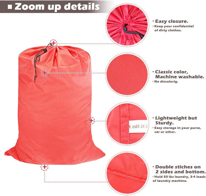 Washable Travel Laundry Bag with Drawstring (3 Pack), Large Dirty Clothes Bag Fit a Laundry Basket or Clothes Hamper, Enough to Hold 4 Loads of Laundry,26x39 inches Red 3