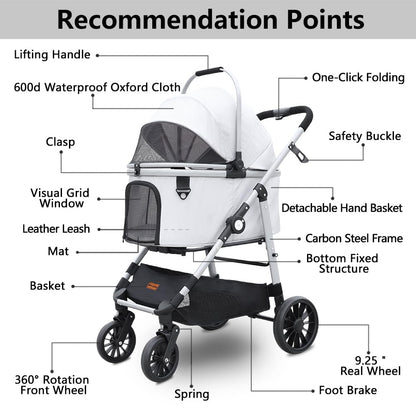 Dog Cat Stroller, Foldable 4 Wheels Dog Stroller for Small Medium Dogs 20 lbs,Pet Strollers for Large Dogs 50lbs, Stable Anti-Shock Detachble Carrier,with 360°Swiveling Front Wheel forTravel