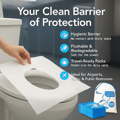 Disposable Toilet Seat Cover - 100 Count Large Flushable Toilet Seat Covers for Travel, Disposable Toilet Seat Cover for Kids, Potty Training & Public Restrooms, Travel Size Paper Seat Covers